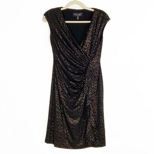 Black Label Evan Picone Ruched Ruffle Surplice Black Gold Fleck Midi Dress